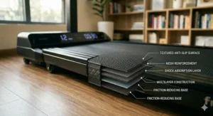 Cross-section view showing the shock absorption layers and weight capacity of a heavy-duty under desk treadmill belt.