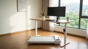 A minimalist home office setup featuring a motorized walking pad tucked under a modern standing desk.