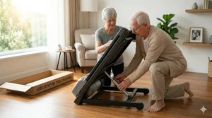 Illustration of a simple, tool-free setup process for a senior-friendly folding treadmill out of the box.