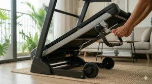 Close-up illustration of built-in transport wheels on an easy fold treadmill for effortless moving.
