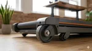 Close-up of built-in transport wheels on a space-saving treadmill making it easy to move between rooms.