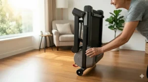 Illustration of a senior easily moving a folded treadmill using built-in transport wheels on a hardwood floor.