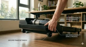 Illustration of a user moving a lightweight under desk treadmill using built-in transport wheels.