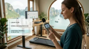 A photorealistic infographic illustration showing a woman measuring the noise level of a quiet under-desk treadmill with a decibel meter, displaying 35 dB, with a comparison chart to normal conversation and a library.