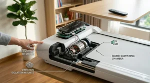 Illustration of the internal quiet motor system designed for distraction-free walking during office calls.