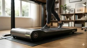 Close-up of a treadmill motor highlighting whisper-quiet operation for office calls.