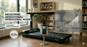 A comparison chart showing the low decibel levels of a quiet under desk treadmill motor compared to a standard office conversation.