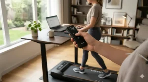 Hand holding a wireless remote control used to adjust speed on a budget under desk treadmill.
