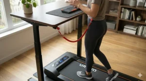 A safety emergency stop key clipped to a user's clothing while using a walking treadmill.