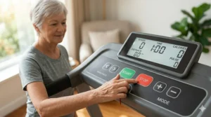A high-contrast, large-button console interface on a treadmill specifically designed for elderly users with low vision.