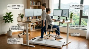 Infographic comparing calorie burn between sitting at a desk and using an under desk treadmill with remote control.