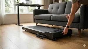 A slim walking pad being slid under a sofa for easy storage in a small apartment.