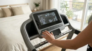 Digital interface of a compact folding treadmill showing speed, distance, and calorie tracking.