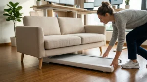 Low profile under desk treadmill being slid under a sofa for easy storage in a small apartment.