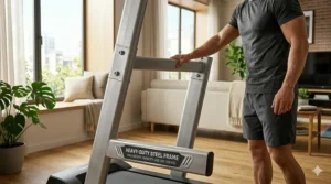 A detailed photorealistic view of the reinforced steel frame and base on a portable folding treadmill, showing a weight capacity plaque.