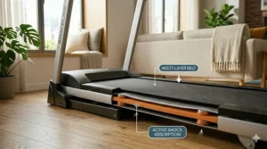 A close-up photorealistic view showing the multi-layer running belt and active shock-absorbing elastomer pucks on a compact folding treadmill.