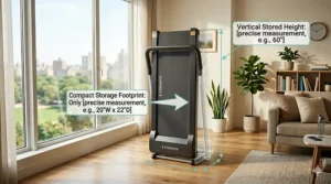 Digital diagram comparing the footprint of a space-saving treadmill versus a full-sized gym model.