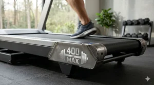 Illustration showing a heavy duty treadmill supporting a 400lb weight capacity symbol to represent durability.