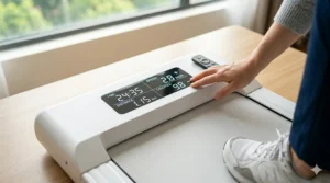 Detailed view of a treadmill LED display showing time, distance, and calories burned while in use.