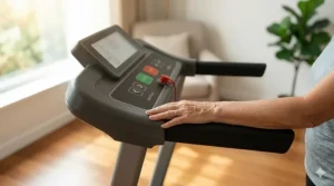 Illustration of an easy fold treadmill featuring extended, padded safety handrails for extra balance and stability.