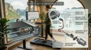 A photorealistic technical illustration showing a high-detail close-up of the front motor area on a quiet under-desk treadmill, with a translucent call-out schematic diagram detailing safety key operation and emergency stop disconnect.