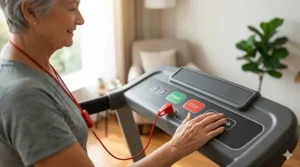 Illustration of a senior hiker using a large emergency stop safety key on an easy fold treadmill console.