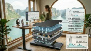 A photorealistic technical illustration showing a cross-section of an under-desk treadmill deck with multi-layer shock absorption materials, highlighting internal cushioning and energy dispersal with glowing lines.