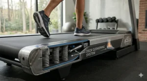 Diagram highlighting the advanced shock absorption and deck cushioning on a heavy duty treadmill for joint protection.