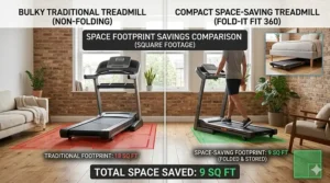 Infographic comparing the footprint of a traditional gym treadmill versus a compact space-saving treadmill.
