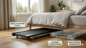 A low-profile treadmill under 500 dollars sliding easily underneath a standard bed frame.
