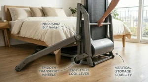 Close-up illustration of built-in transport wheels on a compact folding treadmill for easy mobility.