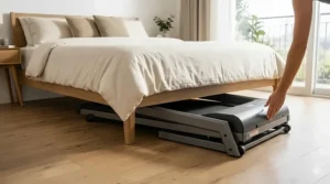 Illustration showing a compact folding treadmill stored horizontally under a bed frame to save space.