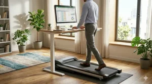 A photorealistic view of a man in business-casual attire actively walking on a compact walking pad treadmill positioned underneath a standing desk.
