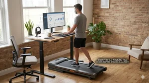 A space-saving treadmill without handrails used as an under-desk walking pad for home office productivity.
