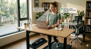 Diagram of the correct walking posture and monitor height when using an under desk treadmill to prevent neck strain.