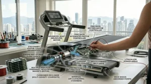 Illustration of a compact folding treadmill used as an under-desk walking pad in a home office.
