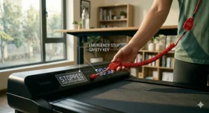Close-up illustration of the magnetic safety emergency stop key and non-slip side rails on a flat treadmill.