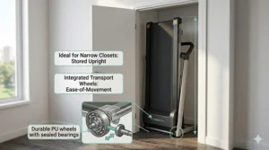 A space-saving treadmill folded upright and stored inside a narrow closet.