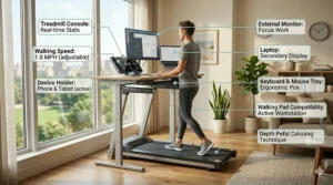 A slim walking pad style treadmill under $500 tucked beneath a height-adjustable standing desk.