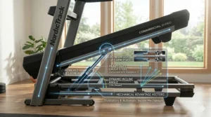A side-profile illustration showing the motorized incline capabilities of a home gym treadmill.