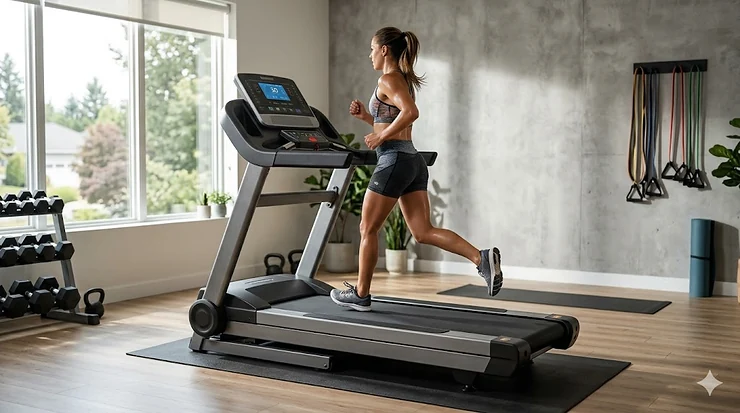 A high-performance heavy duty treadmill for running with a wide deck and reinforced frame in a modern home gym.