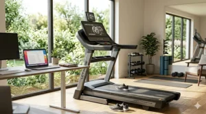 A compact light commercial treadmill tucked into the corner of a multi-purpose home office.