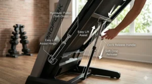 Close-up illustration of a hydraulic soft-drop folding mechanism on a modern treadmill.