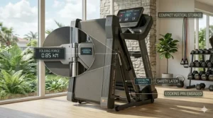 Illustration of a heavy duty treadmill 400 lb capacity model in its folded, space-saving position.