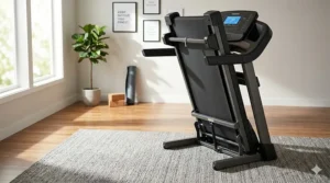 A compact stationary treadmill being folded for space-saving storage in an apartment.