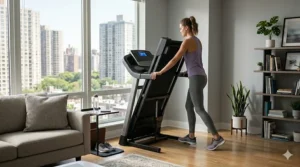 A person easily folding a treadmill deck upward to save space in a small room.
