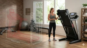 A folding treadmill stored vertically against a wall to demonstrate space-saving benefits for small apartments.