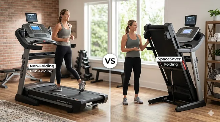 A side-by-side comparison of a compact folding treadmill and a heavy-duty non-folding treadmill in a home gym setting. folding vs non-folding treadmill comparison