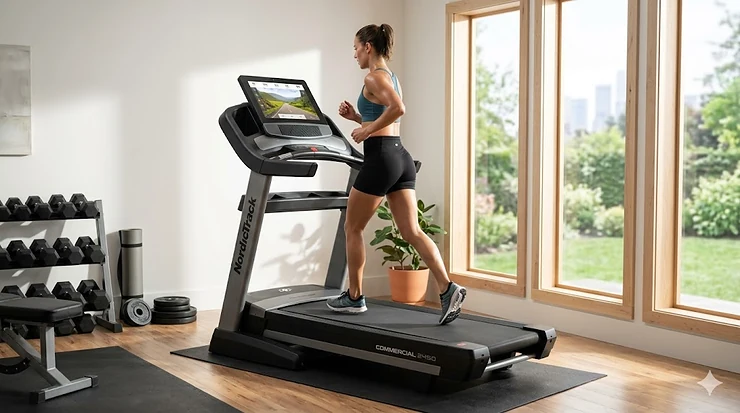 A high-end gym quality treadmill for home use positioned in a bright, modern living room gym.