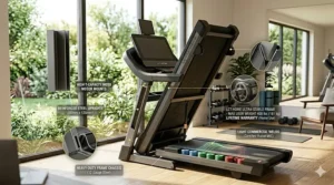 A reinforced steel frame construction of a light commercial grade treadmill for home stability.